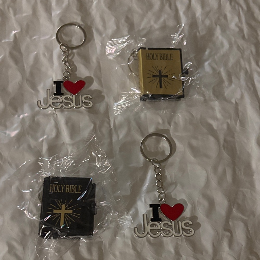 Religious Keychain Set — I Heart Jesus & Holy Bible (Red, Black, Gold)